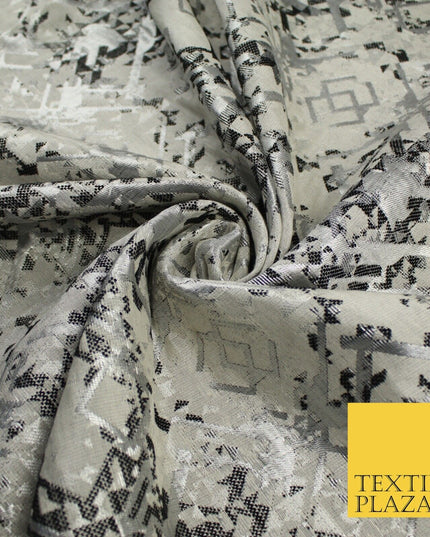 Black Silver Geometric Squares Funky Metallic Textured Brocade Dress Fabric 9922