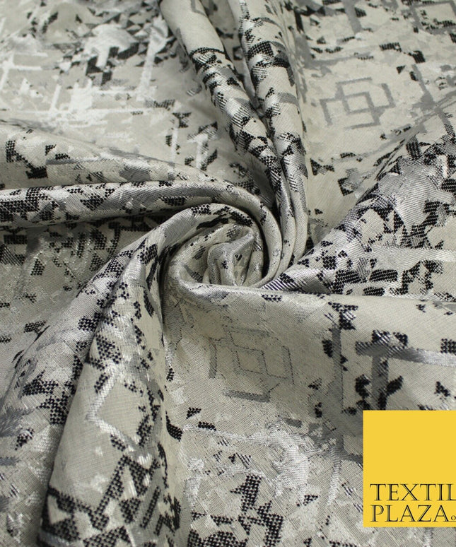 Black Silver Geometric Squares Funky Metallic Textured Brocade Dress Fabric 9922