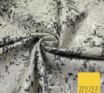 Black Silver Geometric Squares Funky Metallic Textured Brocade Dress Fabric 9922