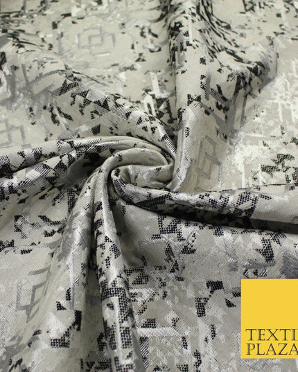 Black Silver Geometric Squares Funky Metallic Textured Brocade Dress Fabric 9922