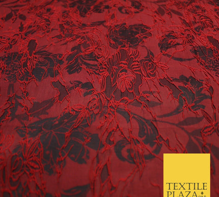 Red Black Artsy Outline Floral Vine Textured Brocade Dress Fabric 9924