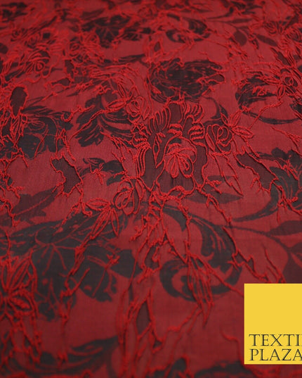 Red Black Artsy Outline Floral Vine Textured Brocade Dress Fabric 9924