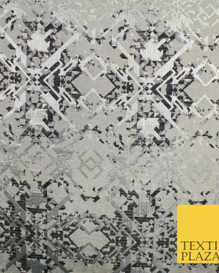 Black Silver Geometric Squares Funky Metallic Textured Brocade Dress Fabric 9922