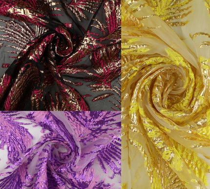 3 COLOURS Wild Leaf Textured Brocade Design on Off White Organza Fabric