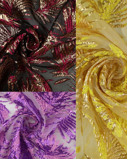 3 COLOURS Wild Leaf Textured Brocade Design on Off White Organza Fabric