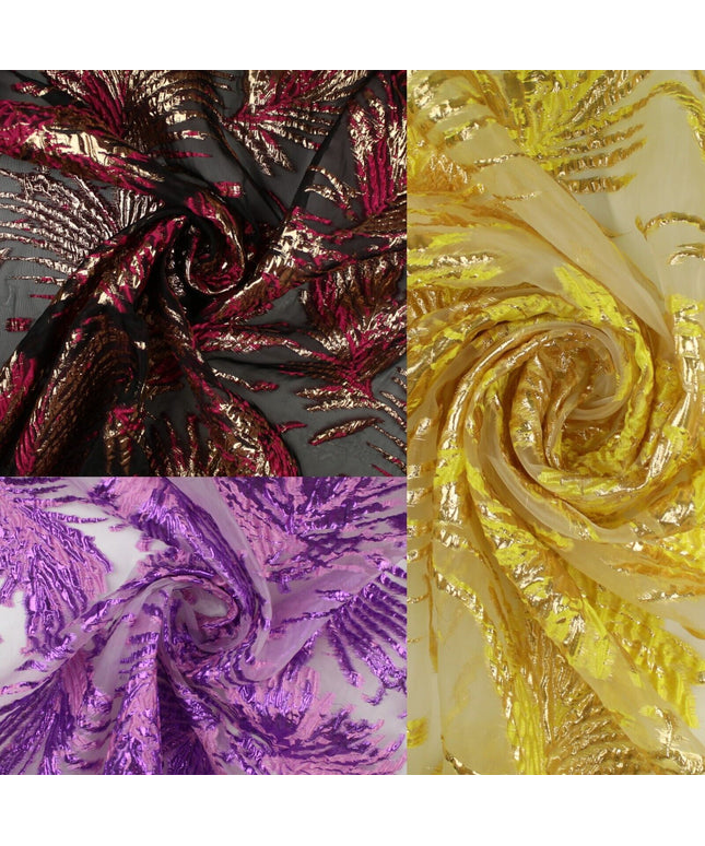 3 COLOURS Wild Leaf Textured Brocade Design on Off White Organza Fabric