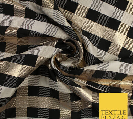 Black Stone Gold Tartan Check Metallic Textured Brocade Dress Fabric 9918