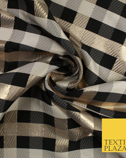 Black Stone Gold Tartan Check Metallic Textured Brocade Dress Fabric 9918
