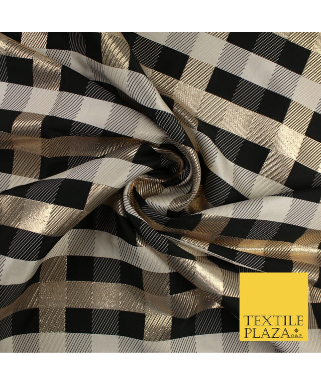 Black Stone Gold Tartan Check Metallic Textured Brocade Dress Fabric 9918