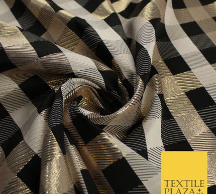 Black Stone Gold Tartan Check Metallic Textured Brocade Dress Fabric 9918