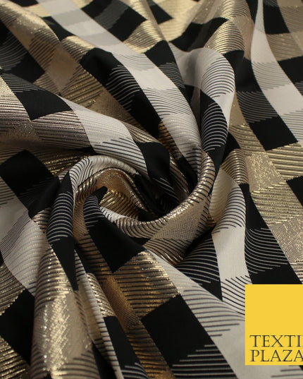 Black Stone Gold Tartan Check Metallic Textured Brocade Dress Fabric 9918