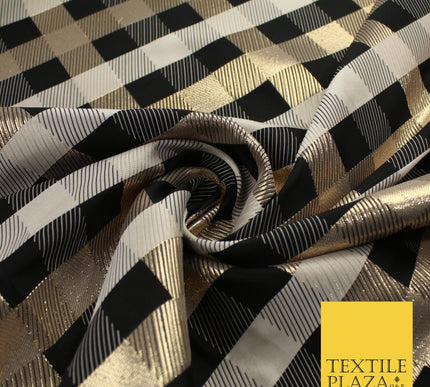 Black Stone Gold Tartan Check Metallic Textured Brocade Dress Fabric 9918