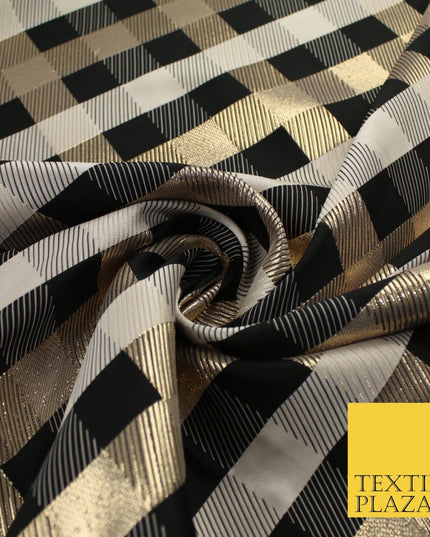 Black Stone Gold Tartan Check Metallic Textured Brocade Dress Fabric 9918