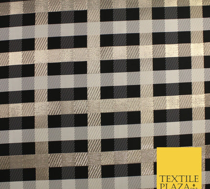 Black Stone Gold Tartan Check Metallic Textured Brocade Dress Fabric 9918