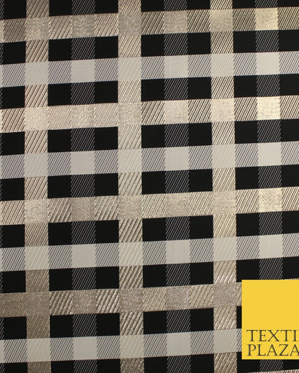 Black Stone Gold Tartan Check Metallic Textured Brocade Dress Fabric 9918