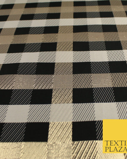 Black Stone Gold Tartan Check Metallic Textured Brocade Dress Fabric 9918