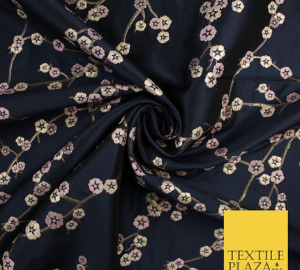 Navy Blue Blush Ditsy Floral Vine Metallic Textured Brocade Dress Fabric 9917