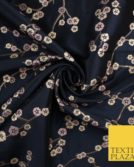 Navy Blue Blush Ditsy Floral Vine Metallic Textured Brocade Dress Fabric 9917