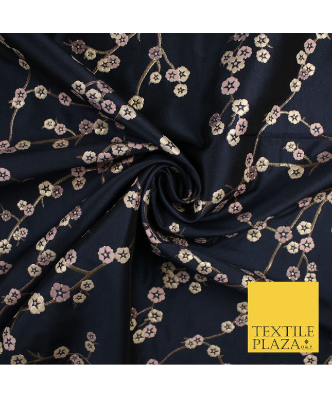 Navy Blue Blush Ditsy Floral Vine Metallic Textured Brocade Dress Fabric 9917