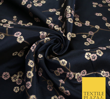 Navy Blue Blush Ditsy Floral Vine Metallic Textured Brocade Dress Fabric 9917