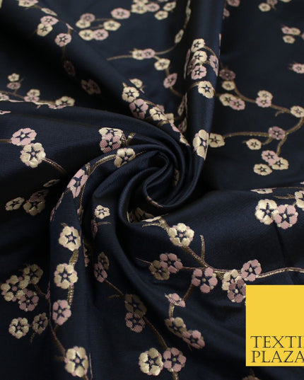 Navy Blue Blush Ditsy Floral Vine Metallic Textured Brocade Dress Fabric 9917