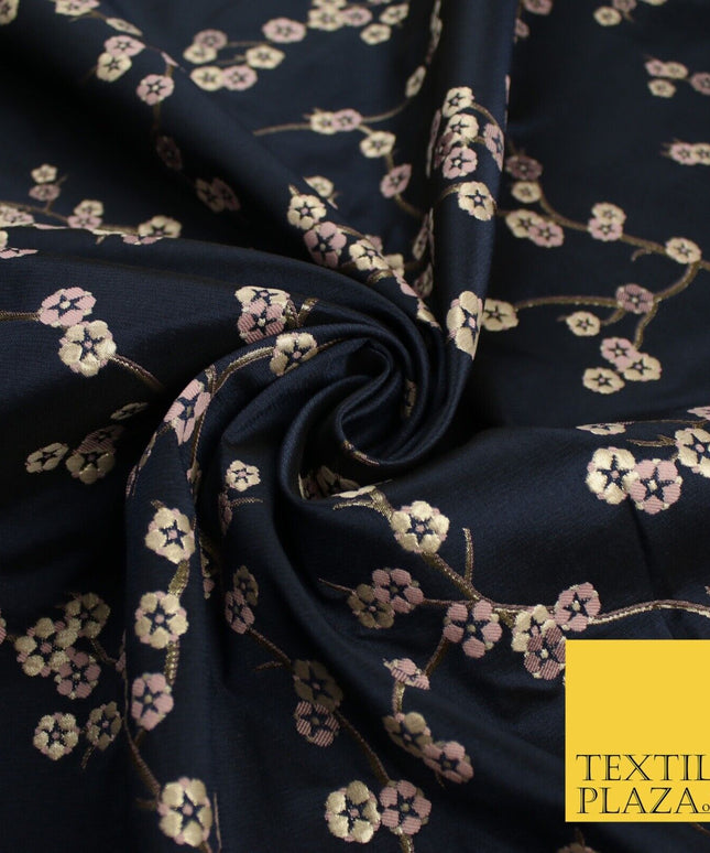 Navy Blue Blush Ditsy Floral Vine Metallic Textured Brocade Dress Fabric 9917