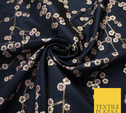 Navy Blue Blush Ditsy Floral Vine Metallic Textured Brocade Dress Fabric 9917