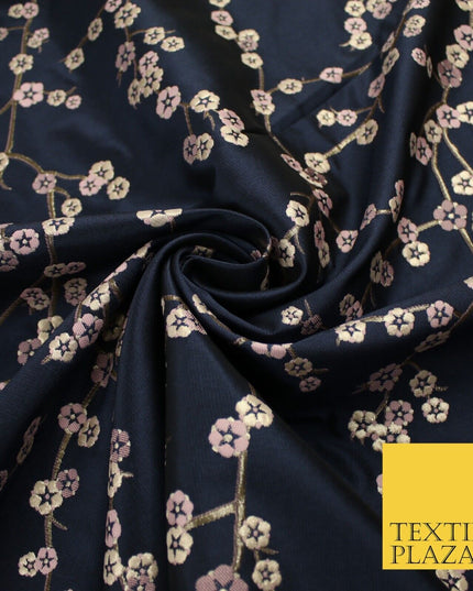 Navy Blue Blush Ditsy Floral Vine Metallic Textured Brocade Dress Fabric 9917