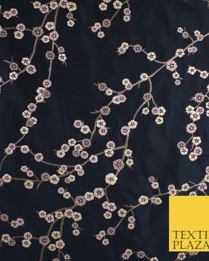 Navy Blue Blush Ditsy Floral Vine Metallic Textured Brocade Dress Fabric 9917
