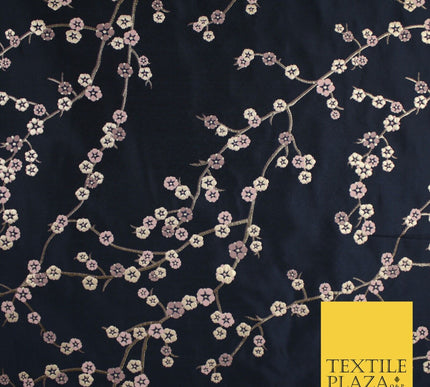 Navy Blue Blush Ditsy Floral Vine Metallic Textured Brocade Dress Fabric 9917