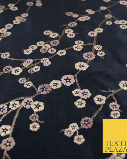 Navy Blue Blush Ditsy Floral Vine Metallic Textured Brocade Dress Fabric 9917