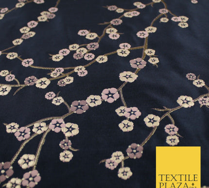 Navy Blue Blush Ditsy Floral Vine Metallic Textured Brocade Dress Fabric 9917