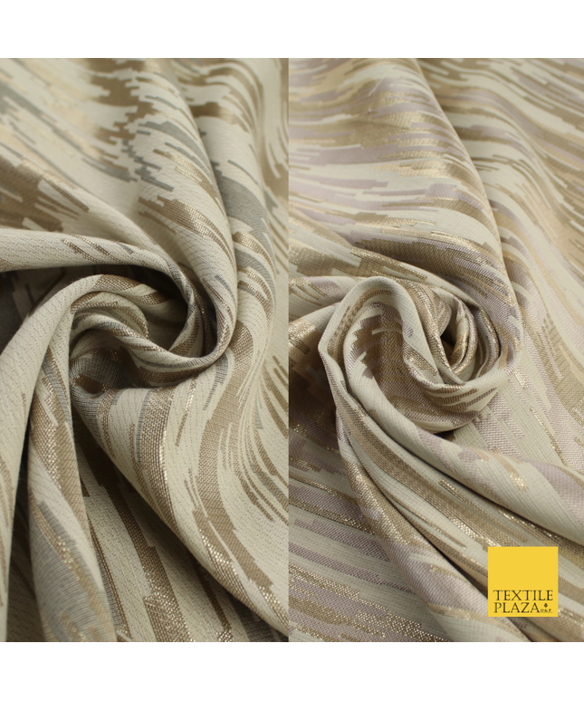 2 COLOURS - Metallic Gold Barcode Stripes Retro Textured Brocade Dress Fabric