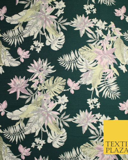 Bottle Green Pink Floral Monstera Metallic Textured Brocade Dress Fabric 9916