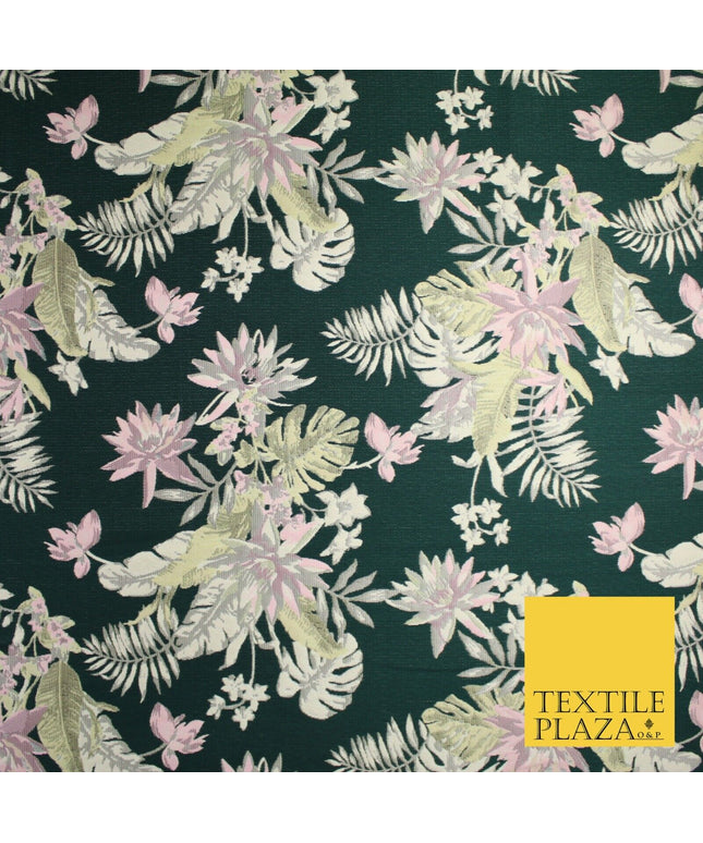 Bottle Green Pink Floral Monstera Metallic Textured Brocade Dress Fabric 9916