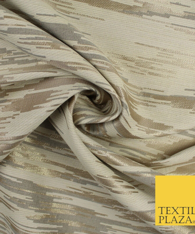 2 COLOURS - Metallic Gold Barcode Stripes Retro Textured Brocade Dress Fabric
