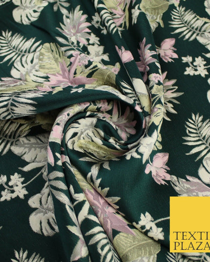 Bottle Green Pink Floral Monstera Metallic Textured Brocade Dress Fabric 9916