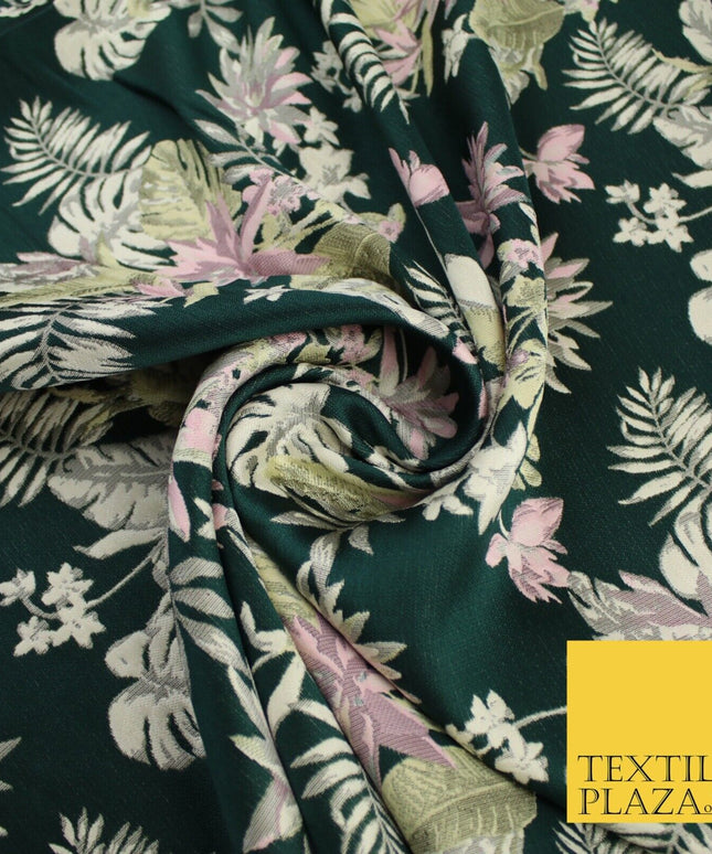 Bottle Green Pink Floral Monstera Metallic Textured Brocade Dress Fabric 9916