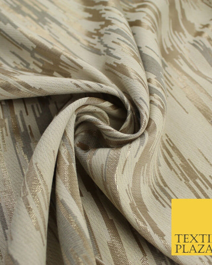 2 COLOURS - Metallic Gold Barcode Stripes Retro Textured Brocade Dress Fabric