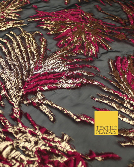 3 COLOURS Wild Leaf Textured Brocade Design on Off White Organza Fabric