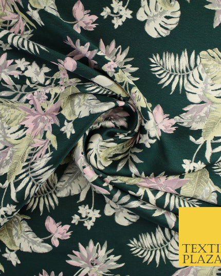 Bottle Green Pink Floral Monstera Metallic Textured Brocade Dress Fabric 9916
