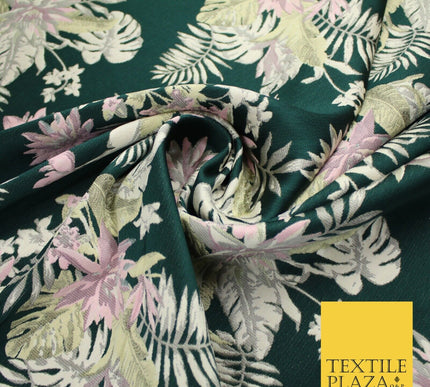 Bottle Green Pink Floral Monstera Metallic Textured Brocade Dress Fabric 9916