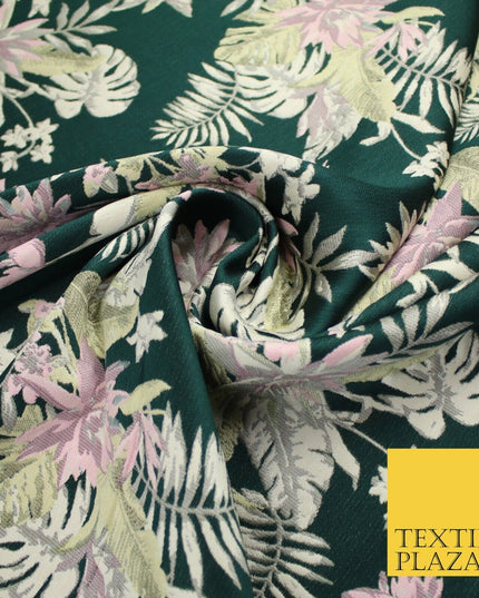 Bottle Green Pink Floral Monstera Metallic Textured Brocade Dress Fabric 9916