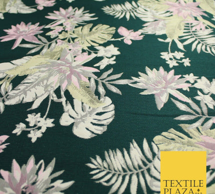 Bottle Green Pink Floral Monstera Metallic Textured Brocade Dress Fabric 9916
