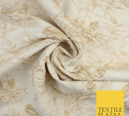 Light Gold Floral Outline Leafy Vine Metallic Textured Brocade Dress Fabric 9915