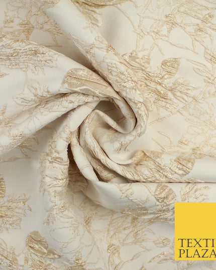 Light Gold Floral Outline Leafy Vine Metallic Textured Brocade Dress Fabric 9915