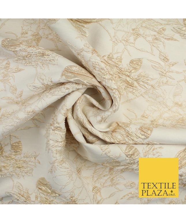 Light Gold Floral Outline Leafy Vine Metallic Textured Brocade Dress Fabric 9915