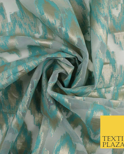 Sea Green Beige ZigZag Retro Metallic Abstract Textured Organza Fabric 9913
