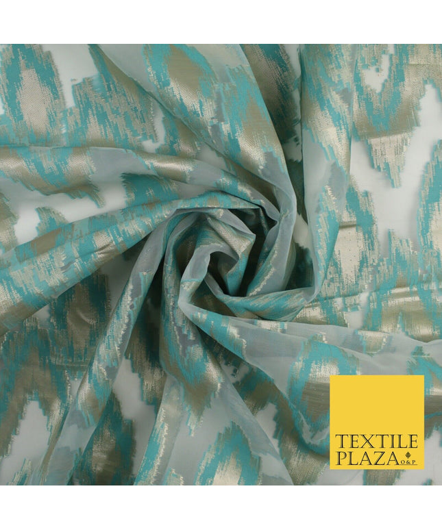 Sea Green Beige ZigZag Retro Metallic Abstract Textured Organza Fabric 9913