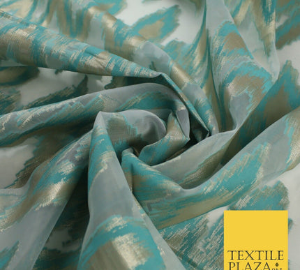 Sea Green Beige ZigZag Retro Metallic Abstract Textured Organza Fabric 9913